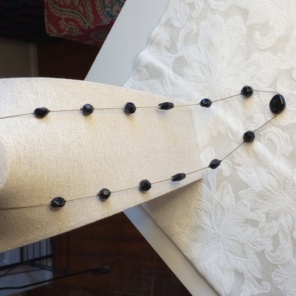 Silver Tone 32 In Necklace Black Acrylic Beads Vintage